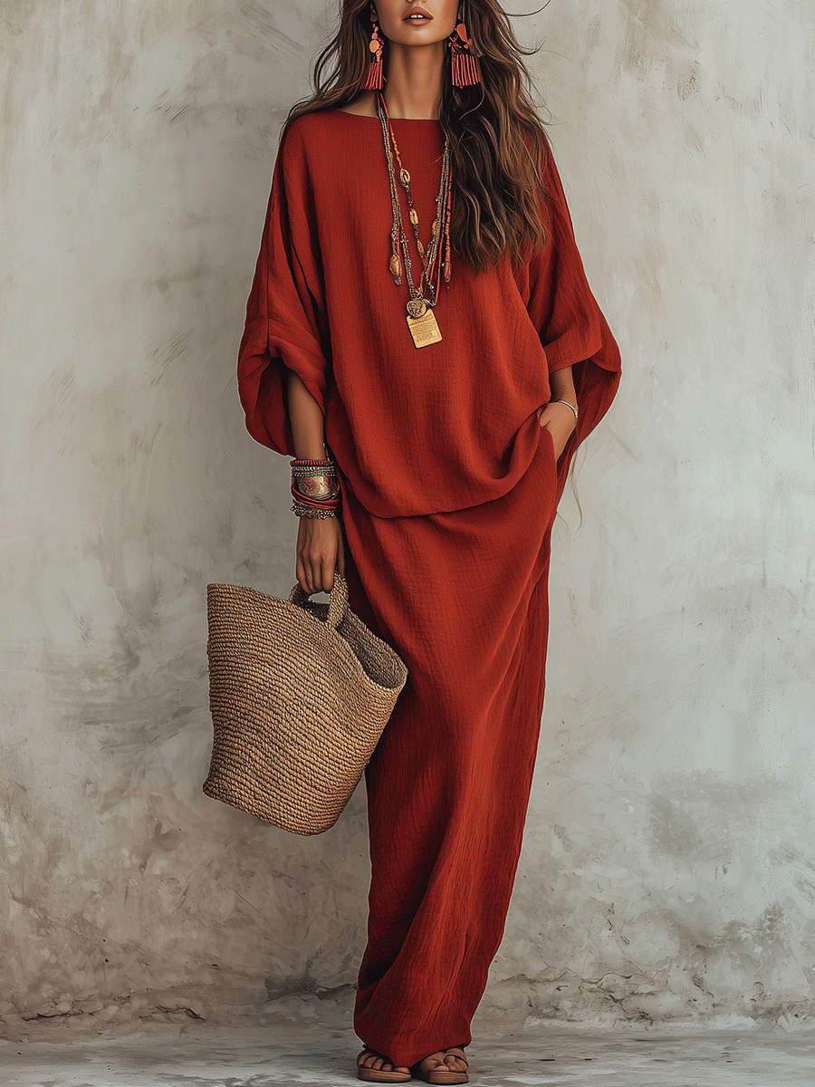 Effortless Boho Cotton-Linen Batwing Drop-Waist Rust Two-Piece Set