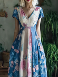 Retro Butterfly Print Transgender Colorblock Patchwork Dress