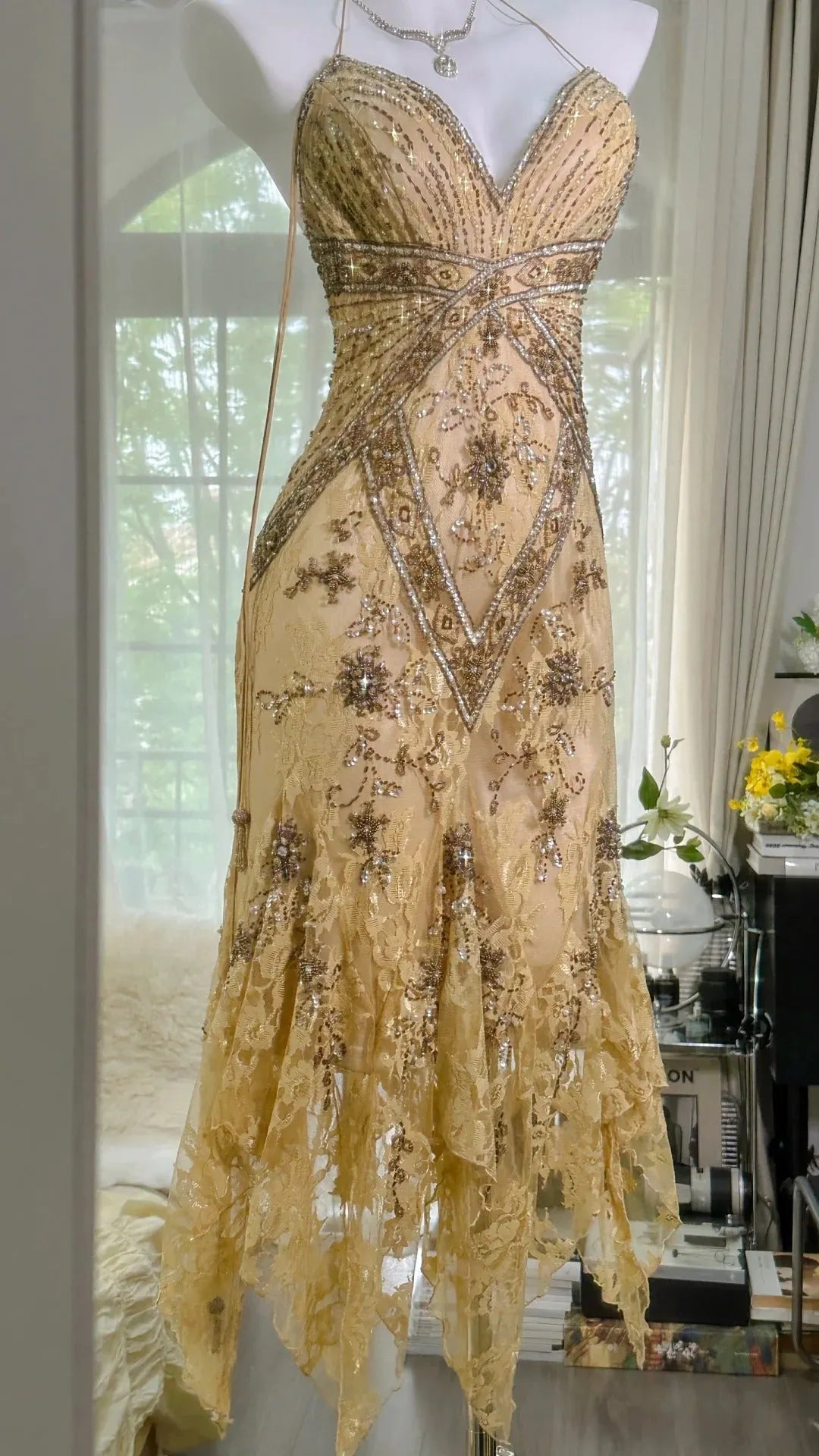 Lit yellow brown gorgeous and elegant vintage exquisite beaded long chiffon lace ball dress evening dress birthday party dress prom dress 3950