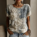 Women's White Rose Paneled Denim Linen T-shirt