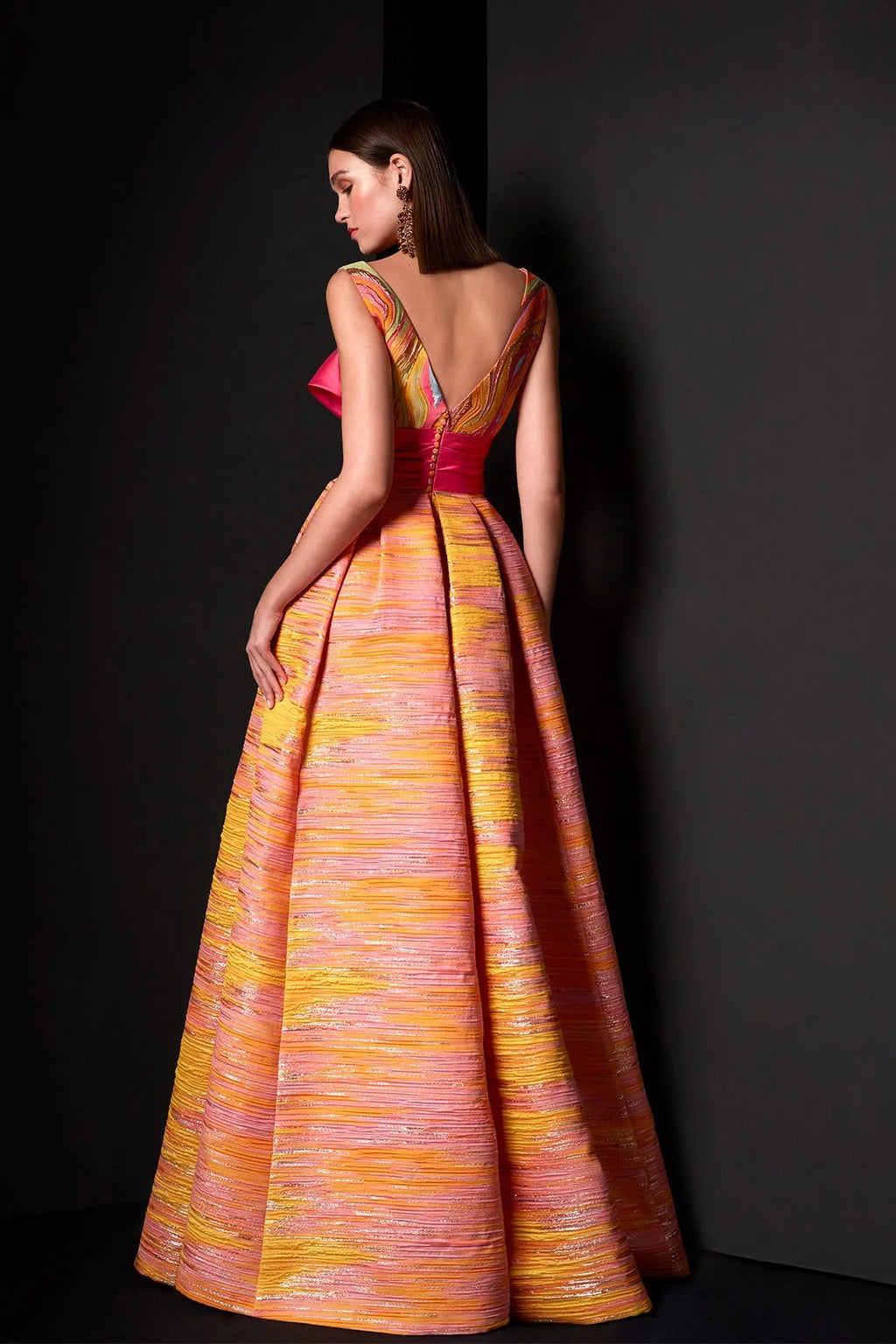 Bow belted fantasy brocade dress