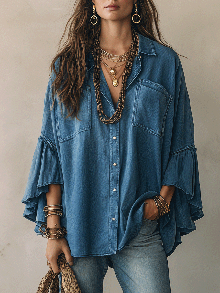 Effortless Chic Chambray Drop-Shoulder Flare-Sleeve Denim Blue Blouse