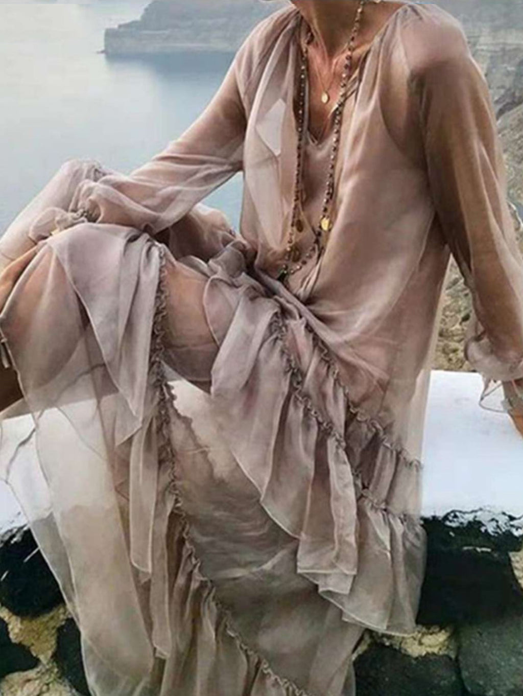 Bohemian Plain V Neck Spliced Sheer Mesh Ruffle Long Sleeve Maxi Dress