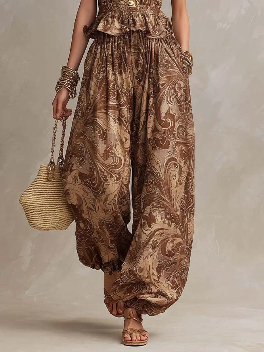 Bohemian Baroque Print Halter Top & Harem Pants Two-Piece Set