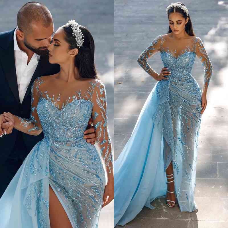 Daisda Stunning Sky Blue Long Sleeves Evening Dress Mermaid Split Long With Ruffles Beads