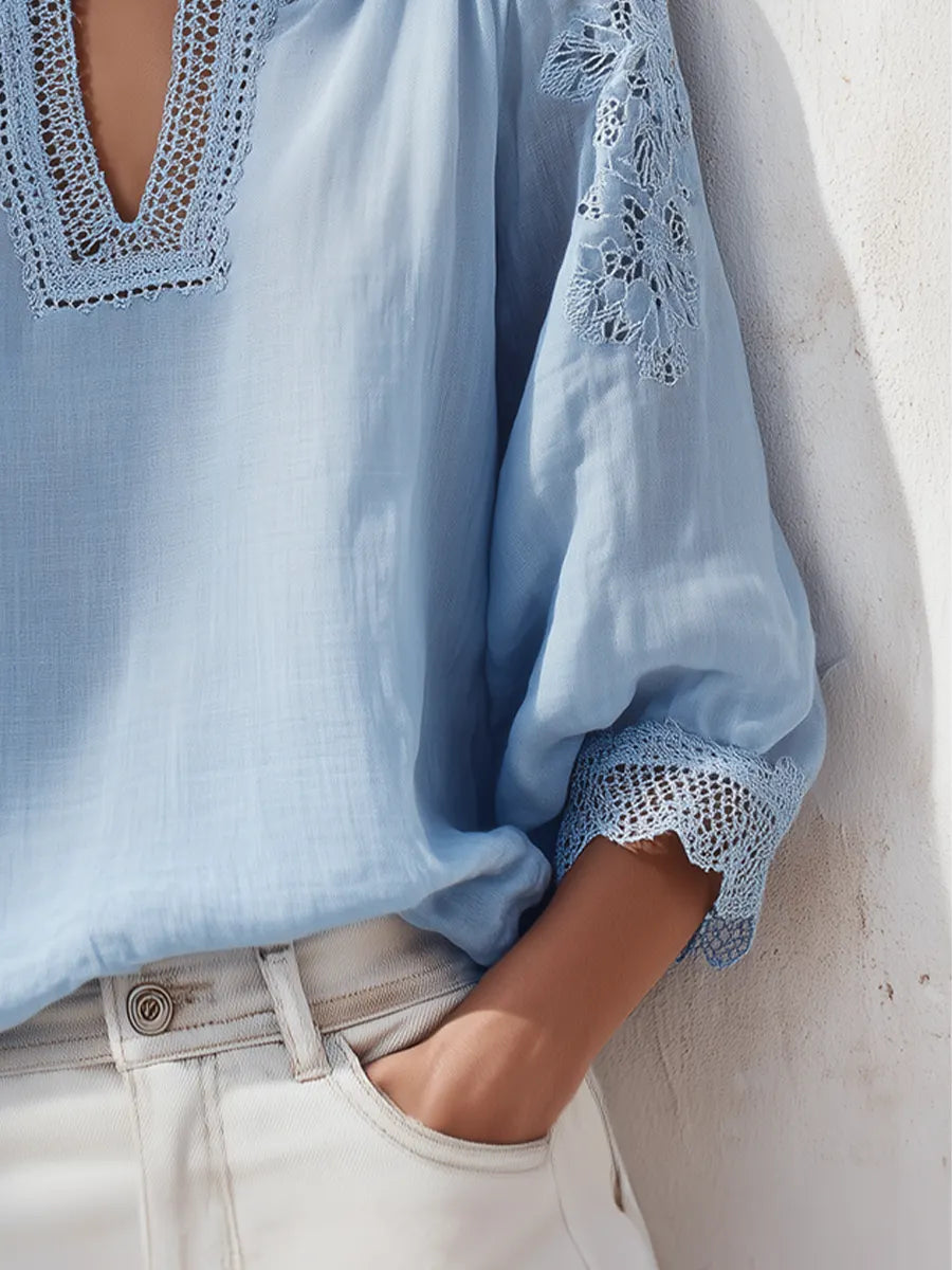 Delicate Sky Blue Lace Trim Blouse