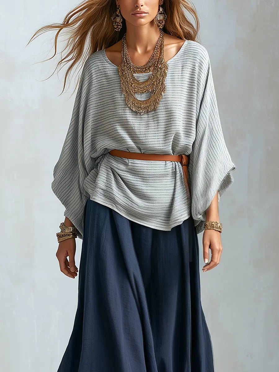 Bohemian Textured Batwing Sleeve Top And Skirt Set