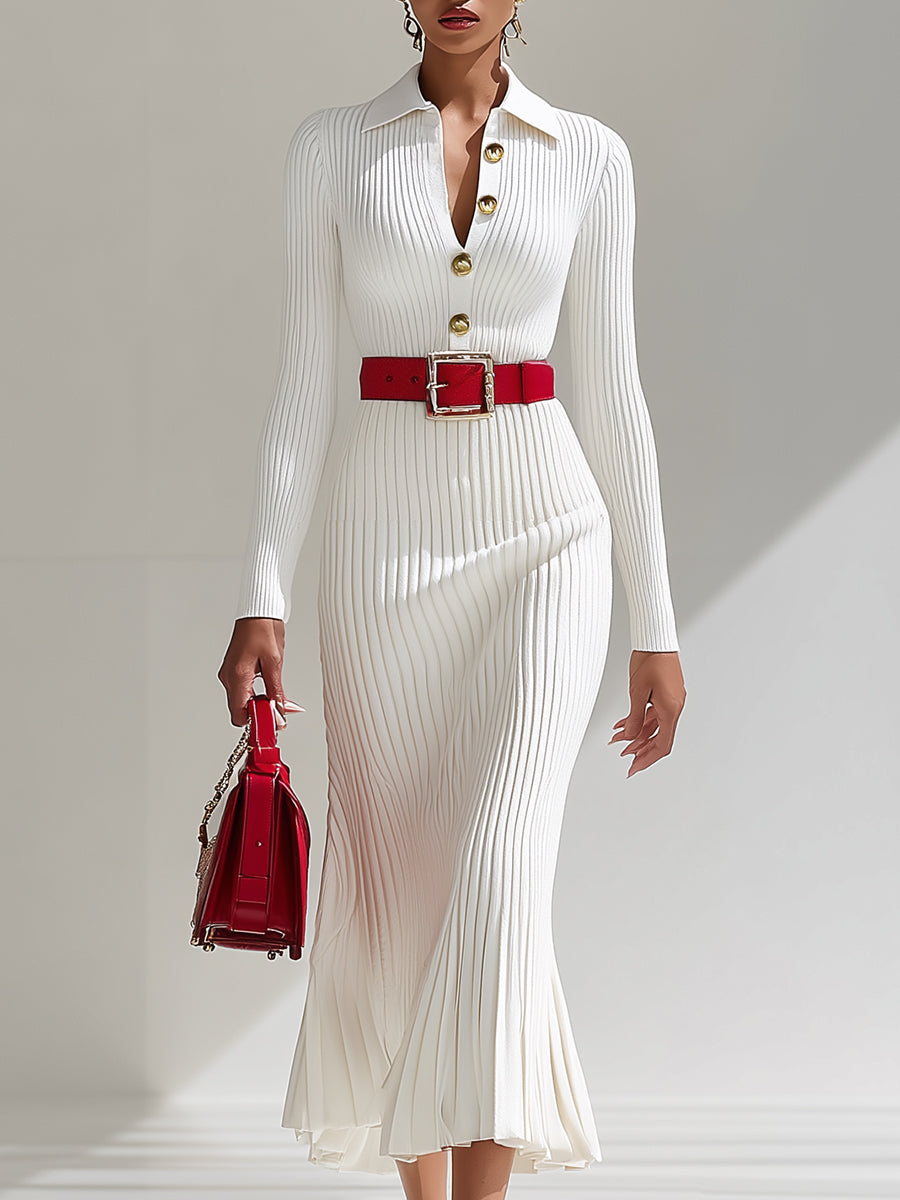 [24-hour shipping out]White Wool Lapel Button Design Maxi Dress