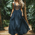 Bohemian Floral Embroidery Sleeveless  Cozy Linen Maxi Dress