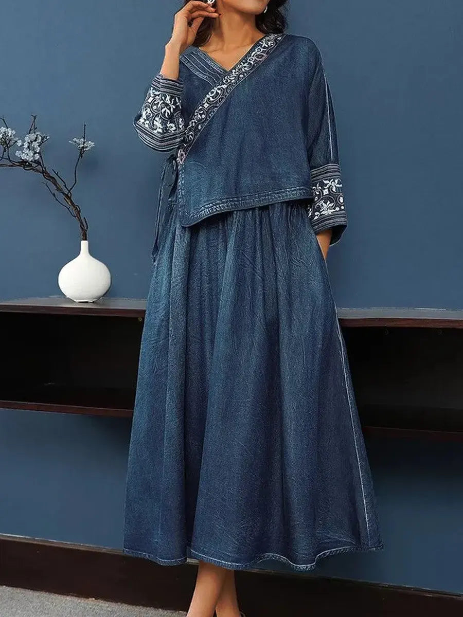 Women's Retro Ethnic Art Casual V-Neck Denim Top & Skirt Set