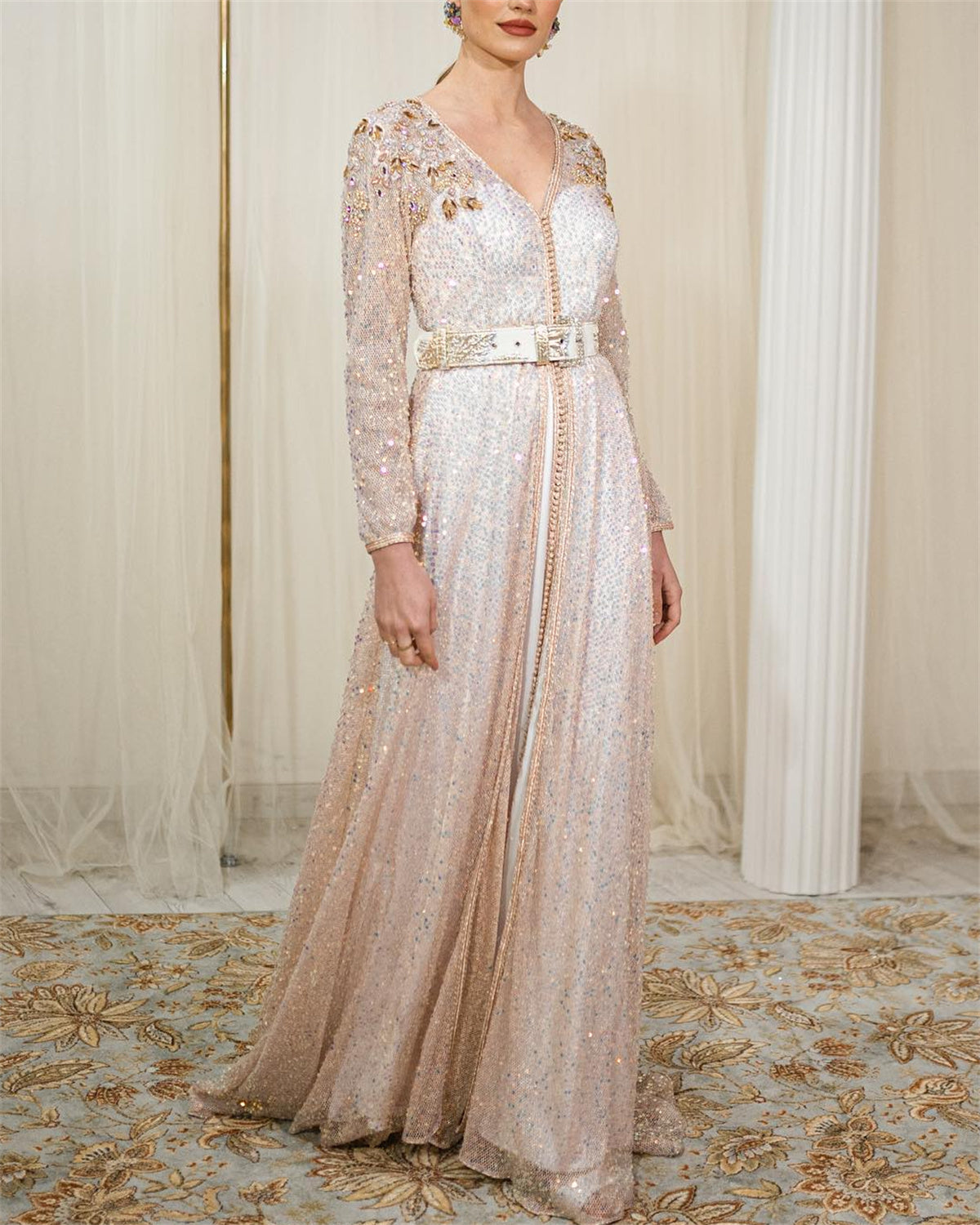 Women's V Neck Long Sleeve Sequin Embroidery Dress