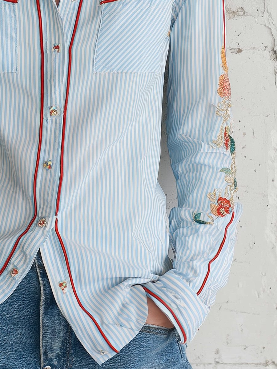 Classic Blue Stripe Floral Embroidered Shirt