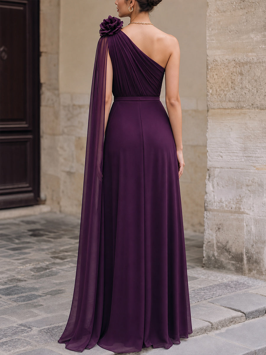 One-Shoulder Floral Detail Chiffon Evening Gown