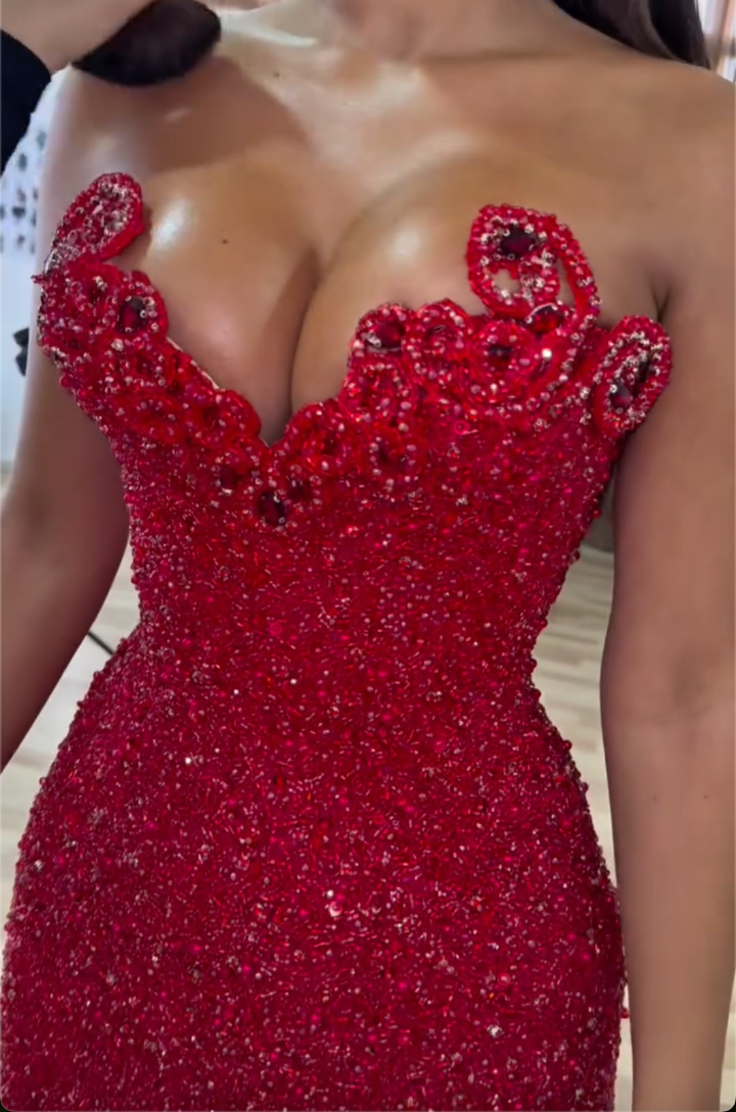 Red Strapless Crystal Beaded Maxi Dress