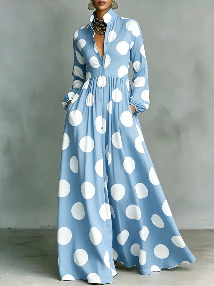 Women's Polka Dot Print Shirt-collar Long-sleeve Casual Loose A-line Dress