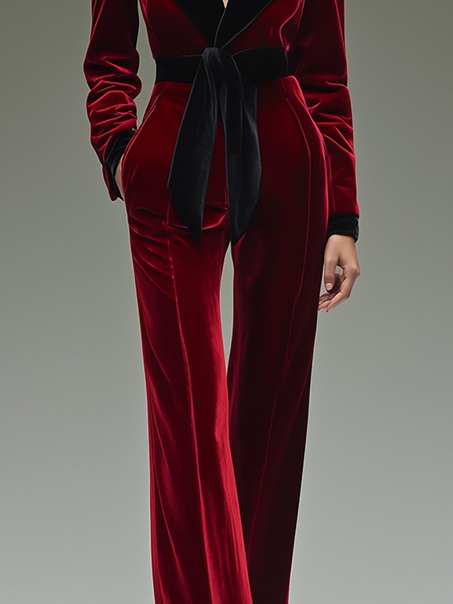 [24-hour shipping out]Retro Fashion Lapel Belt Different Color Velvet Stitching Jumpsuit