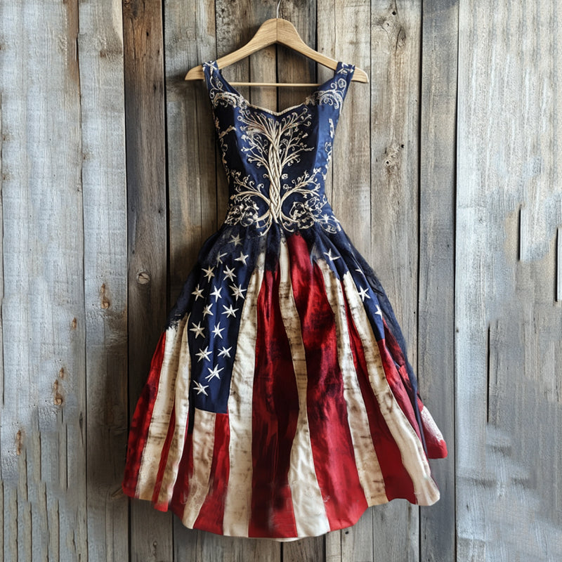 Vintage Boho Independence Day With Life Of Tree Art Embroidered Cozy Linen Midi Dress