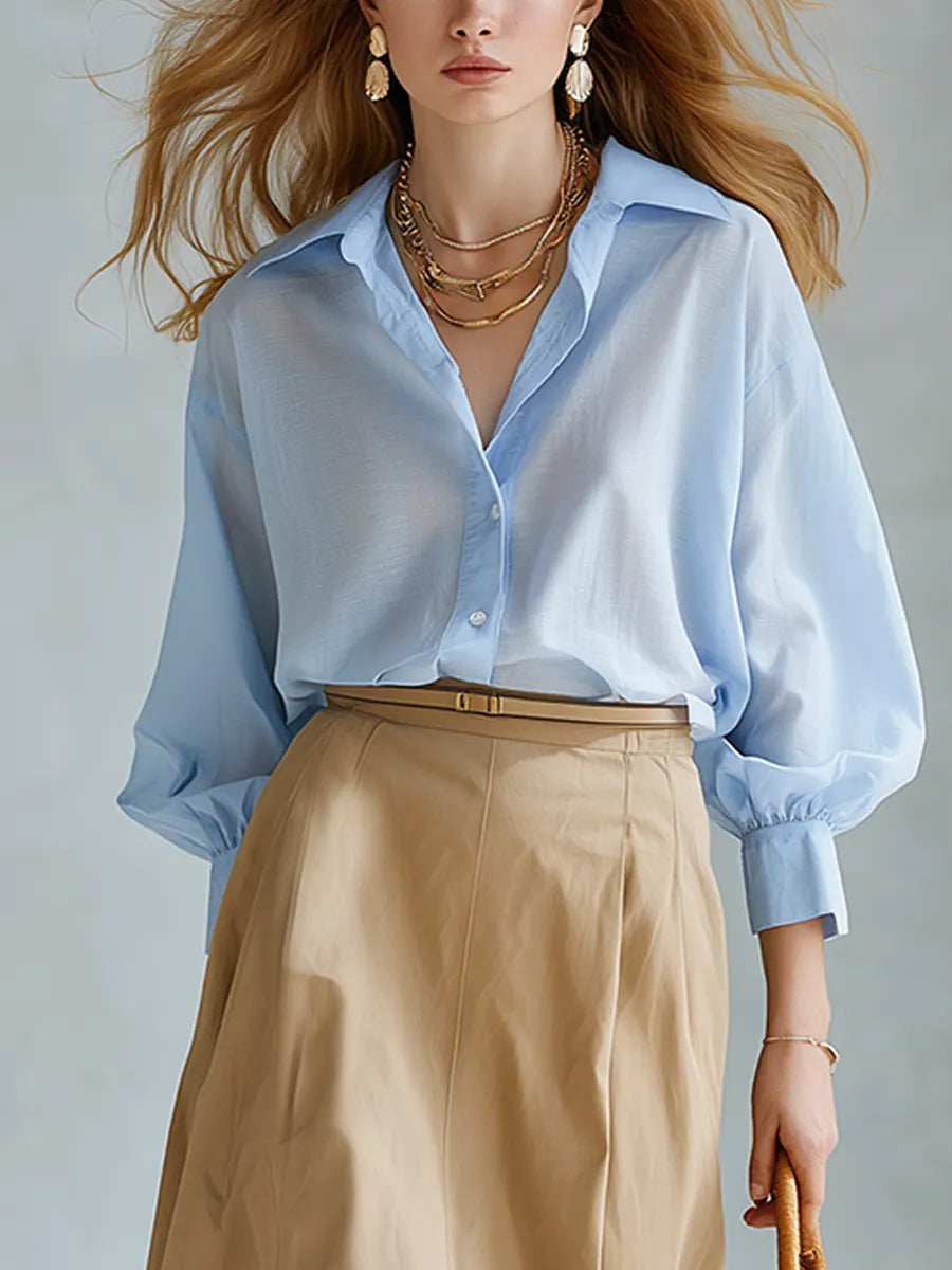 Light Blue Cotton-linen Top And Khaki Skirt Set