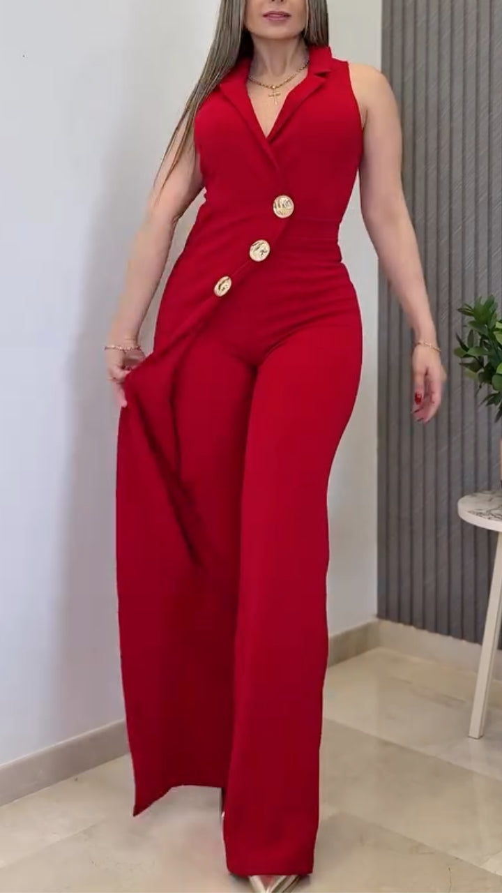 Women's Collared Button Irregular Faux Two-Piece Jumpsuit