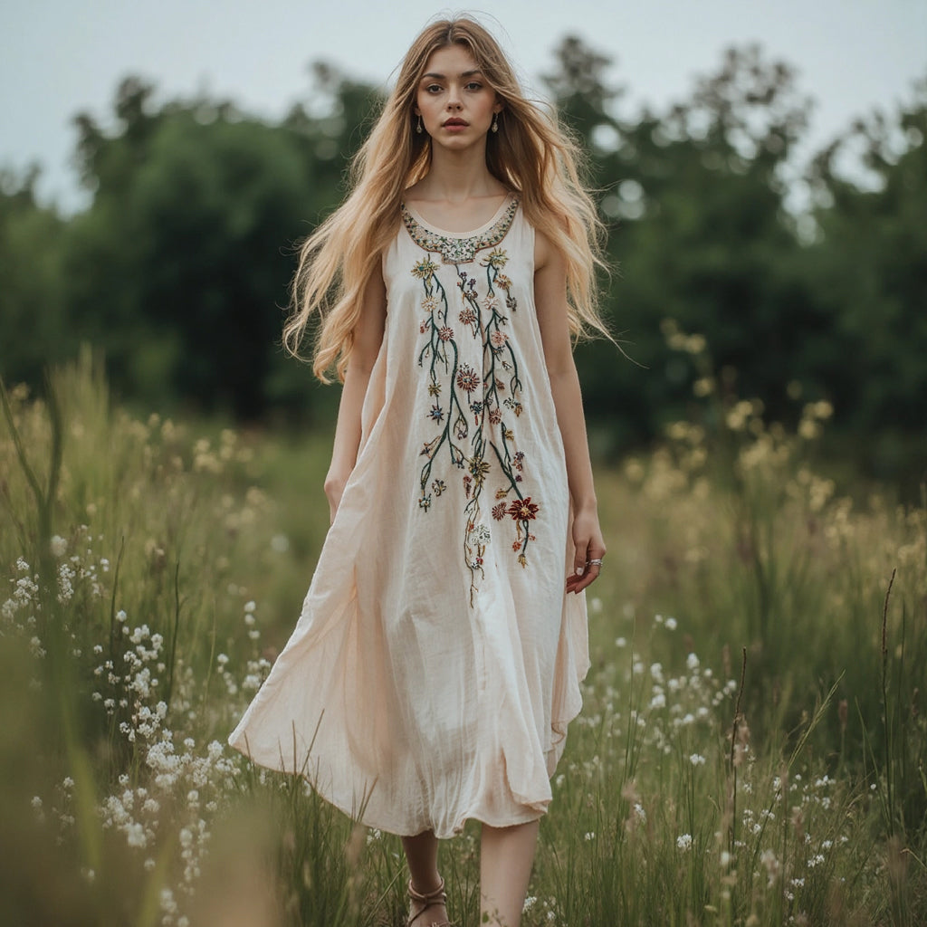 Women's Boho Floral Embroidery Art Linen Tank Dress