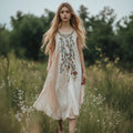 Women's Boho Floral Embroidery Art Linen Tank Dress