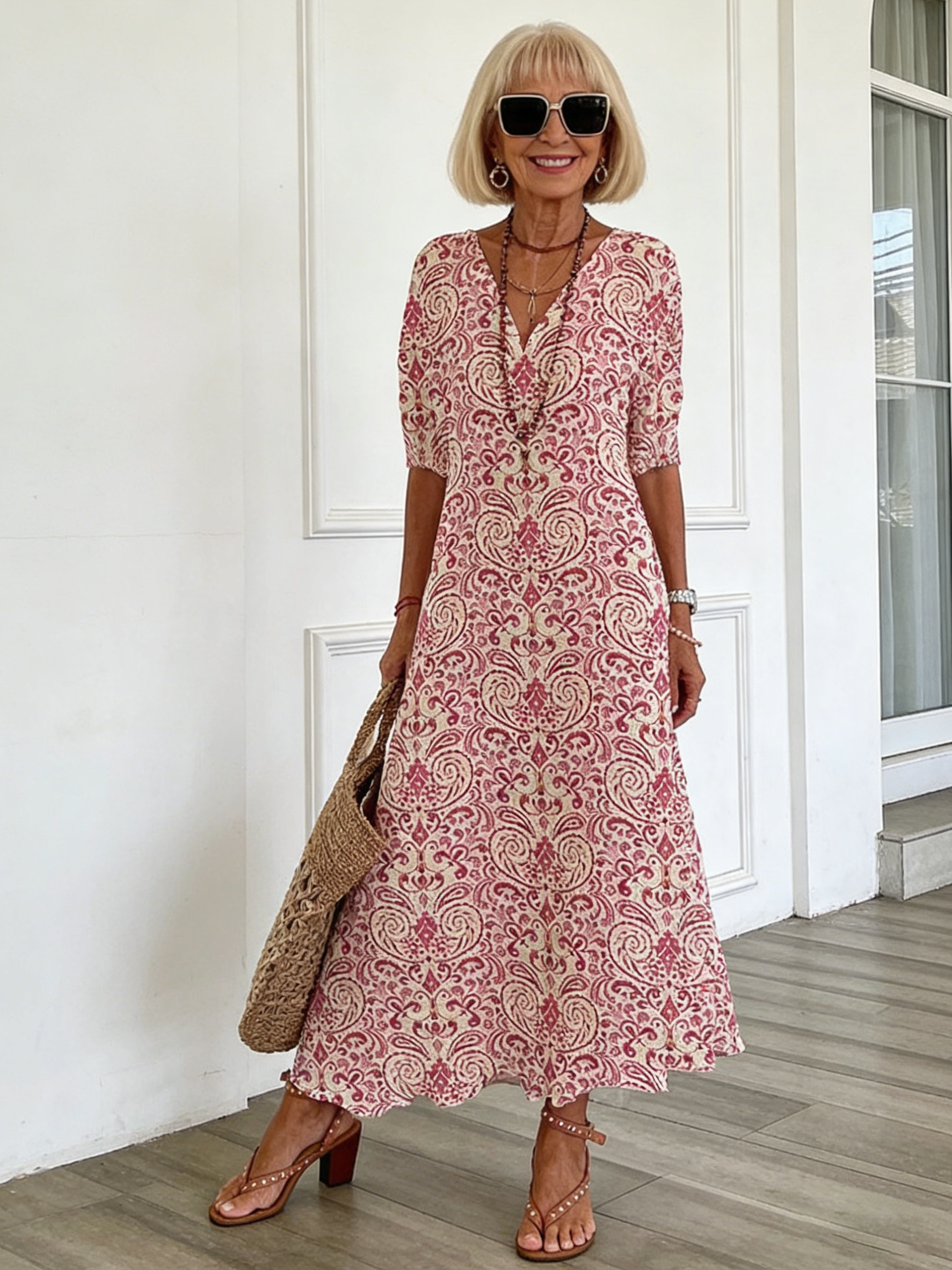 Half Sleeve Floral Print Summer Fall V Neck Casual Geometric Printed Dress