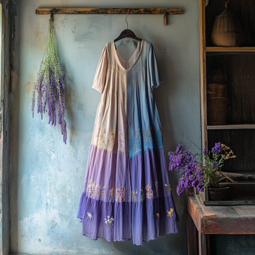 Vintage Lavender Patchwork Art Linen V Neck Midi Dress