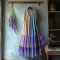 Vintage Lavender Patchwork Art Linen V Neck Midi Dress