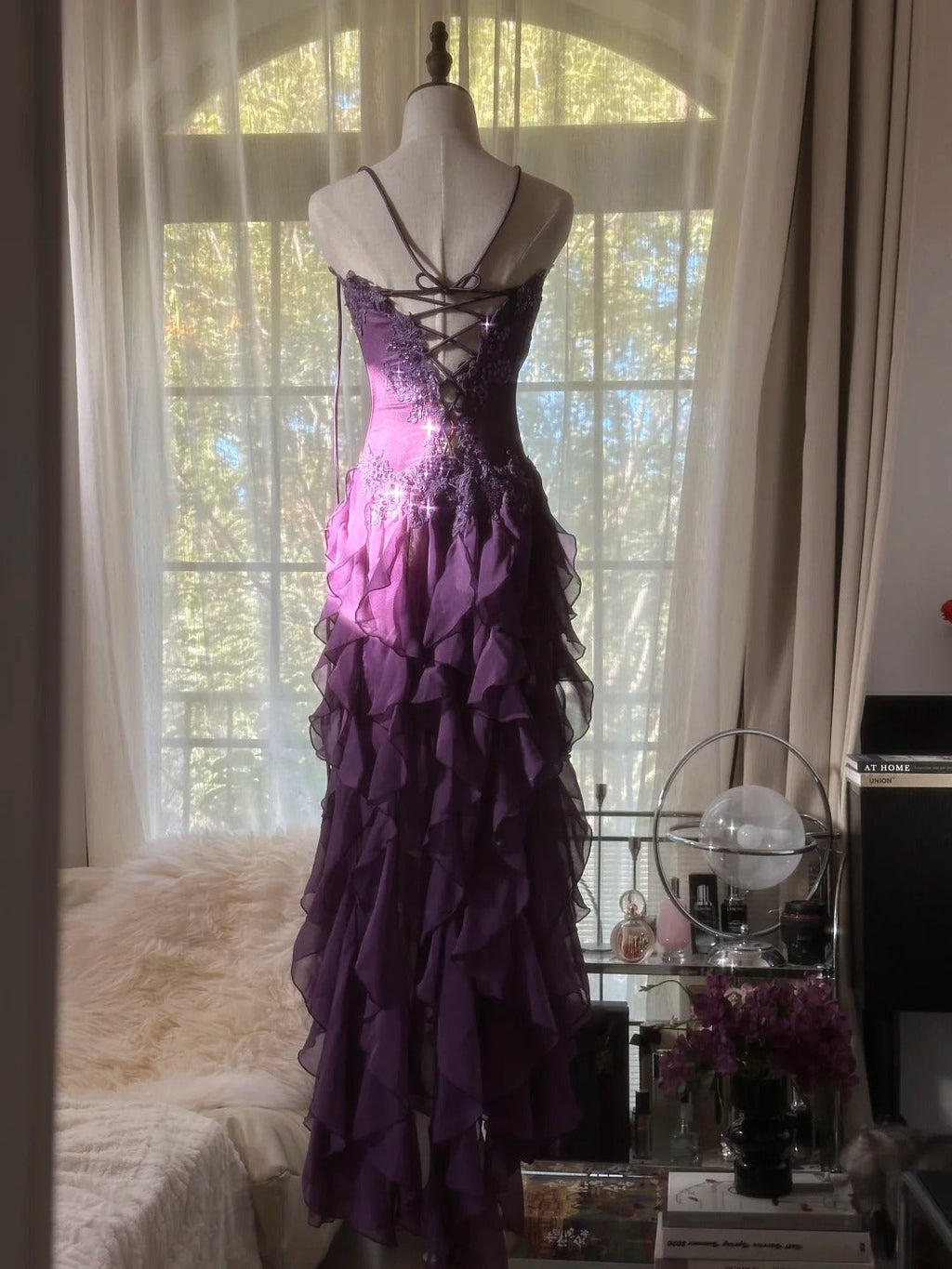 Purple Chiffon Vintage Evening Dresses, Sleeveless Long Party Gowns  25502