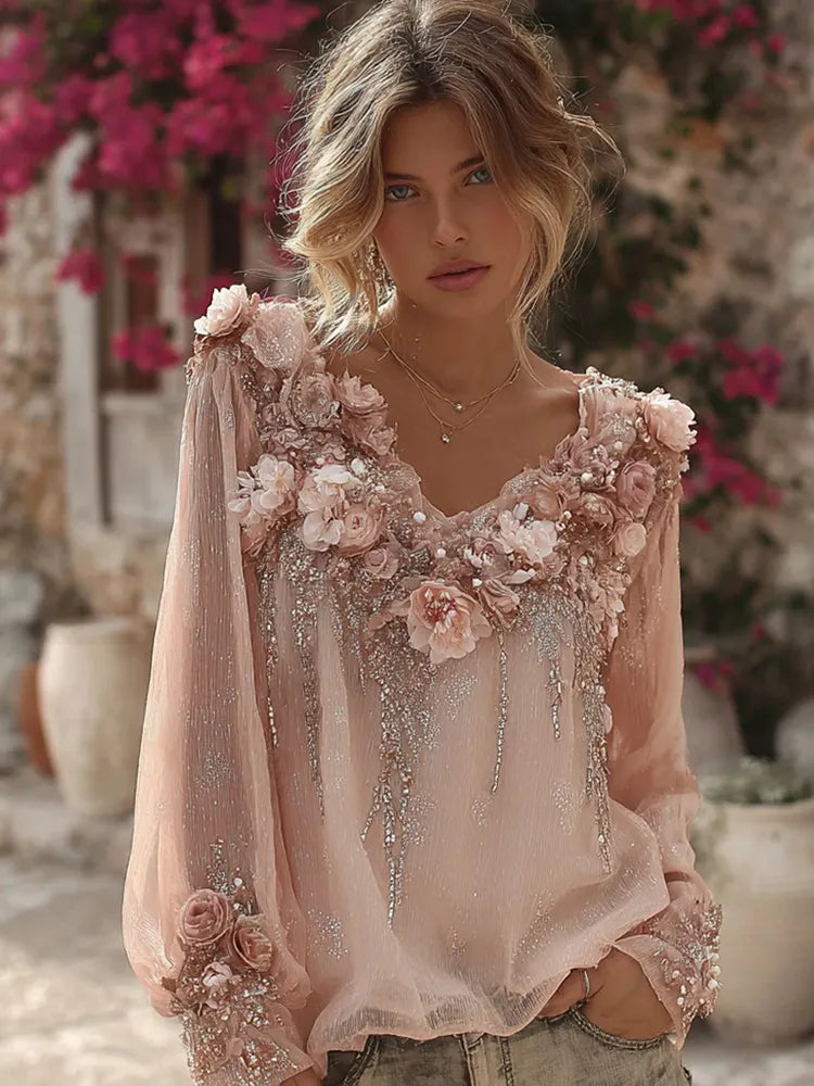 Vintage Boho Pink Roses Embroidered Flowy Linen V-neck Tunic