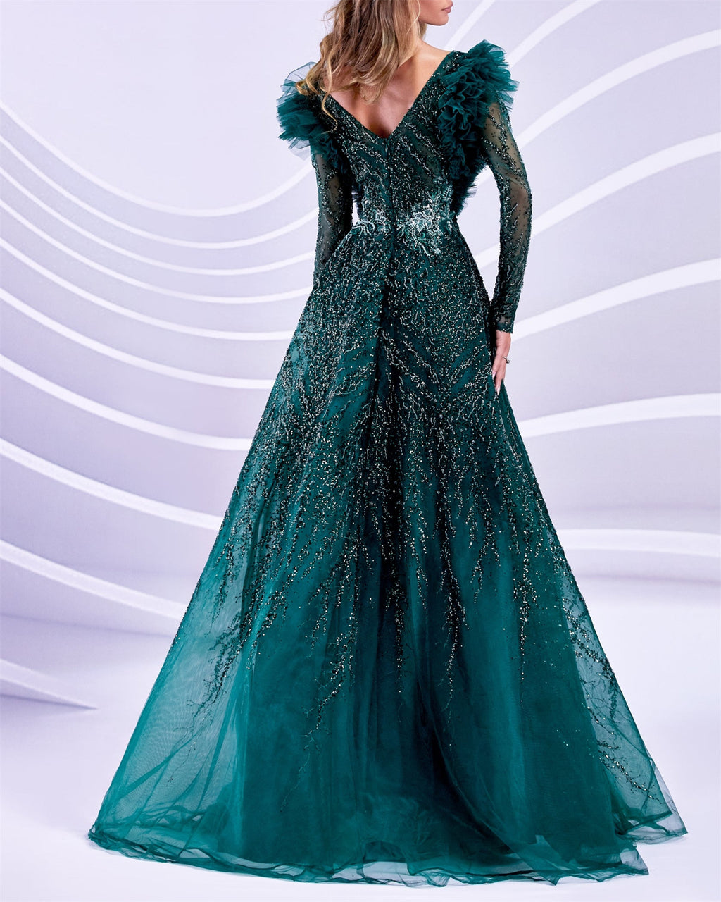 Women's V Neck Green Embroidered Evening Dress