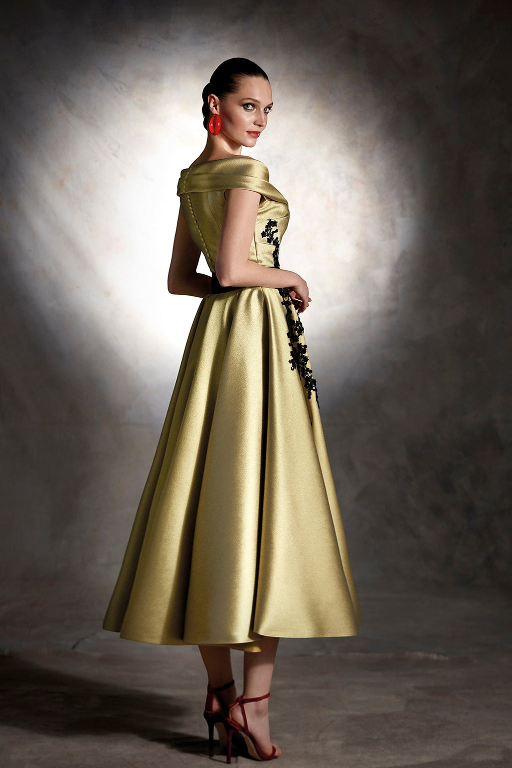 Pleated bodice embroidered midi dress