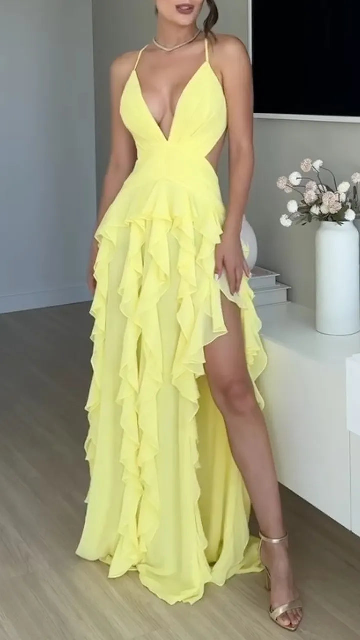 Women's Yellow Deep V-Back Ruffle Slit Maxi Dress