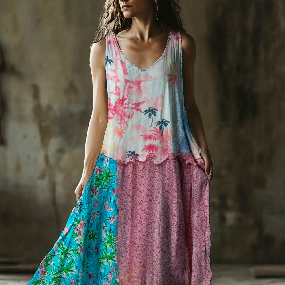 Vintage Floral Women's Linen Vest Dress dd4e