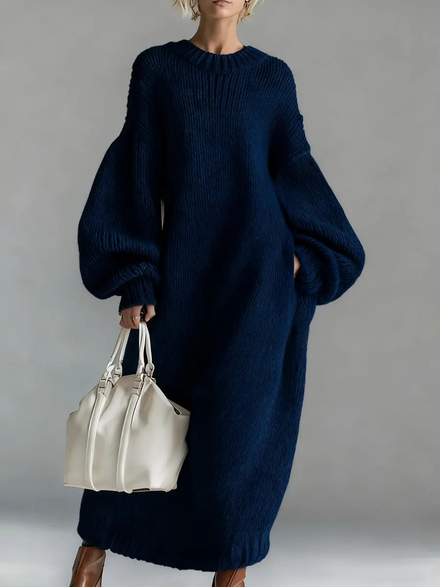 Women's Solid Color Round Neck Long Sleeve Casual Loose Knit Dress