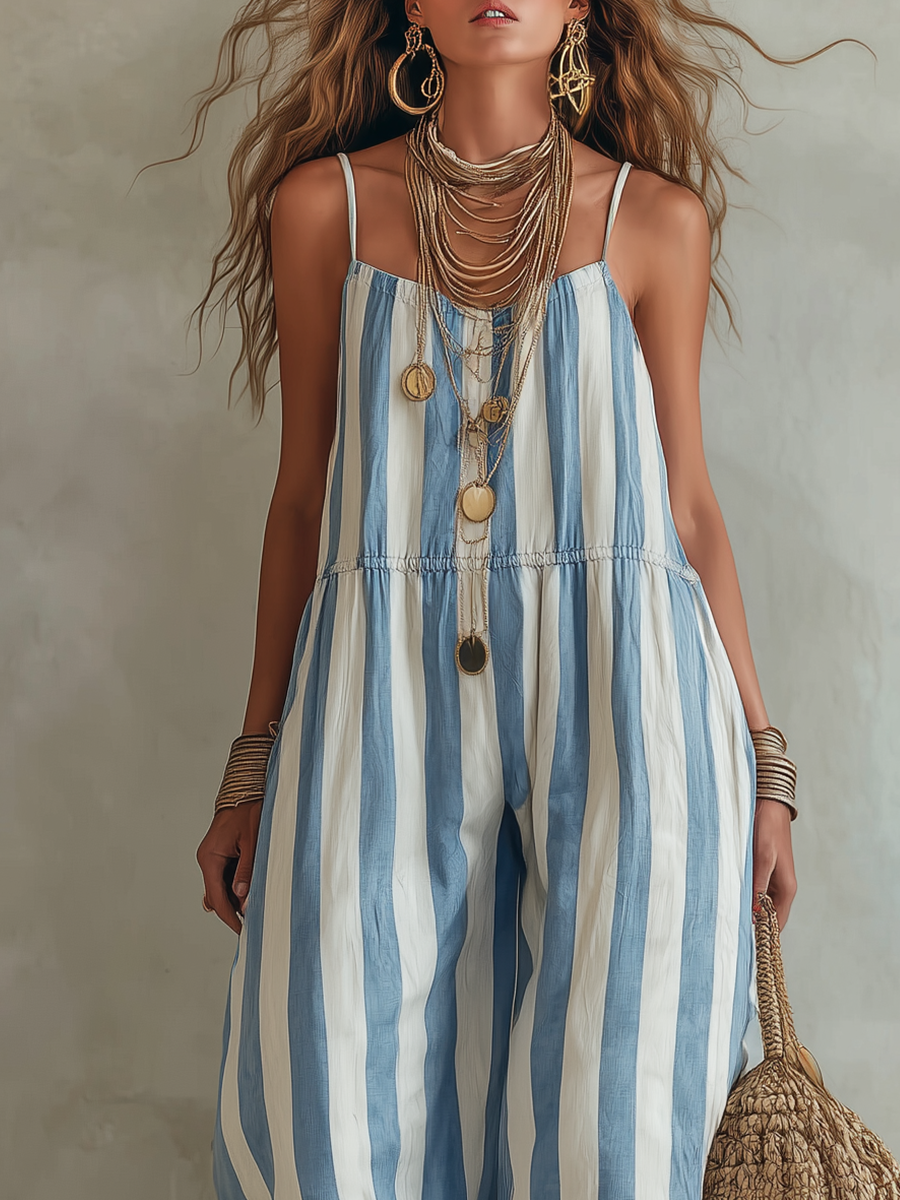 Vacation Style Blue And White Striped Strappy Jumpsuit