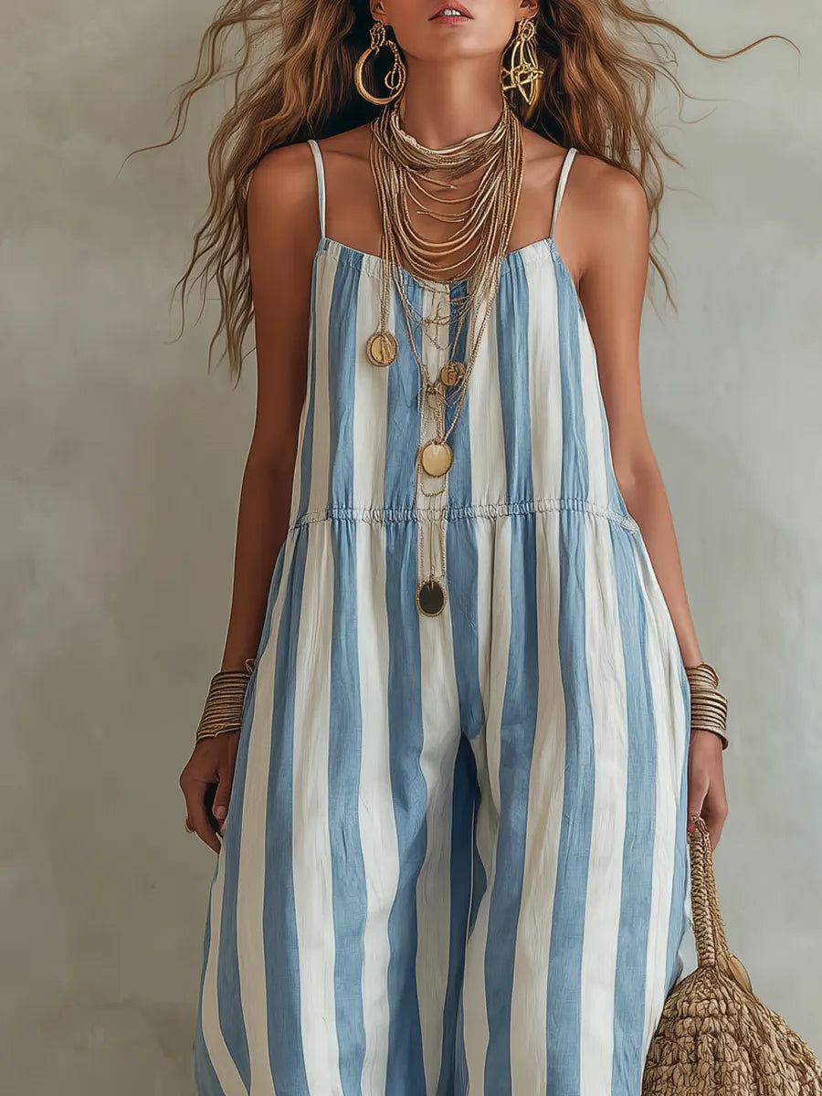 Vacation Style Blue And White Striped Strappy Jumpsuit