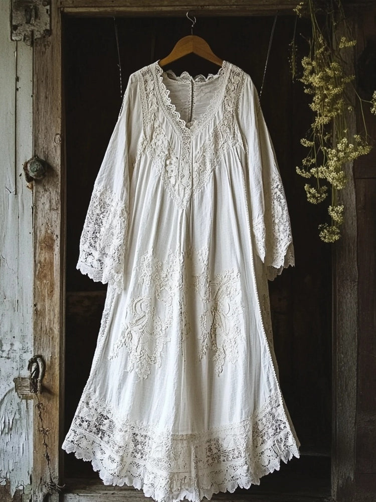 Vintage Floral Embroidered Lace Hem Linen Cozy Maxi Dress