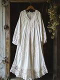 Vintage Floral Embroidered Lace Hem Linen Cozy Maxi Dress