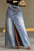 High Waist Asymmetric Wrap Denim Maxi Skirt,