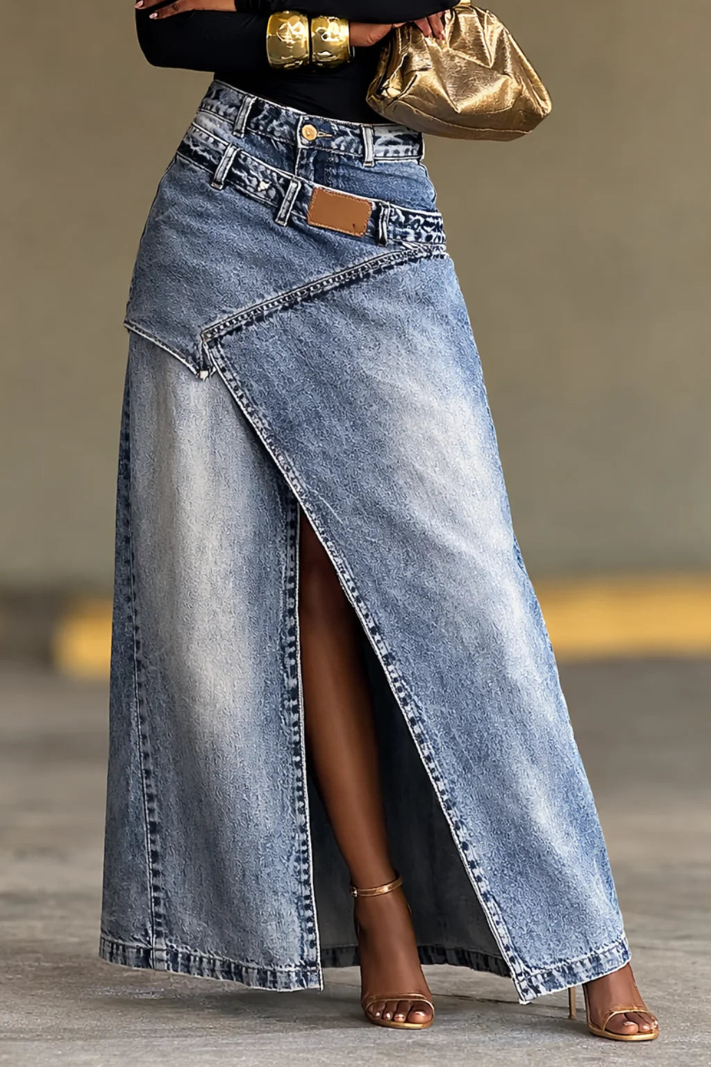 High Waist Asymmetric Wrap Denim Maxi Skirt,