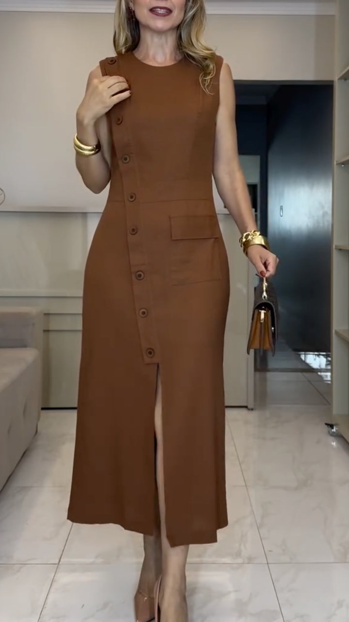 Brown Sleeveless Button‑Front Midi Dress