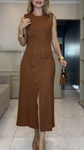 Brown Sleeveless Button‑Front Midi Dress