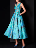 V-neck Sleeveless Print Midi Dress