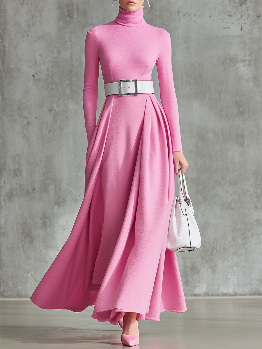 Elegant Pink High Collar And Large Skirt Maxi Dress