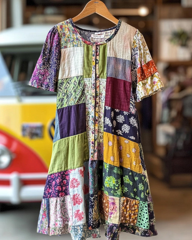 Summer vacation loose patchwork cotton and linen dress 1e62