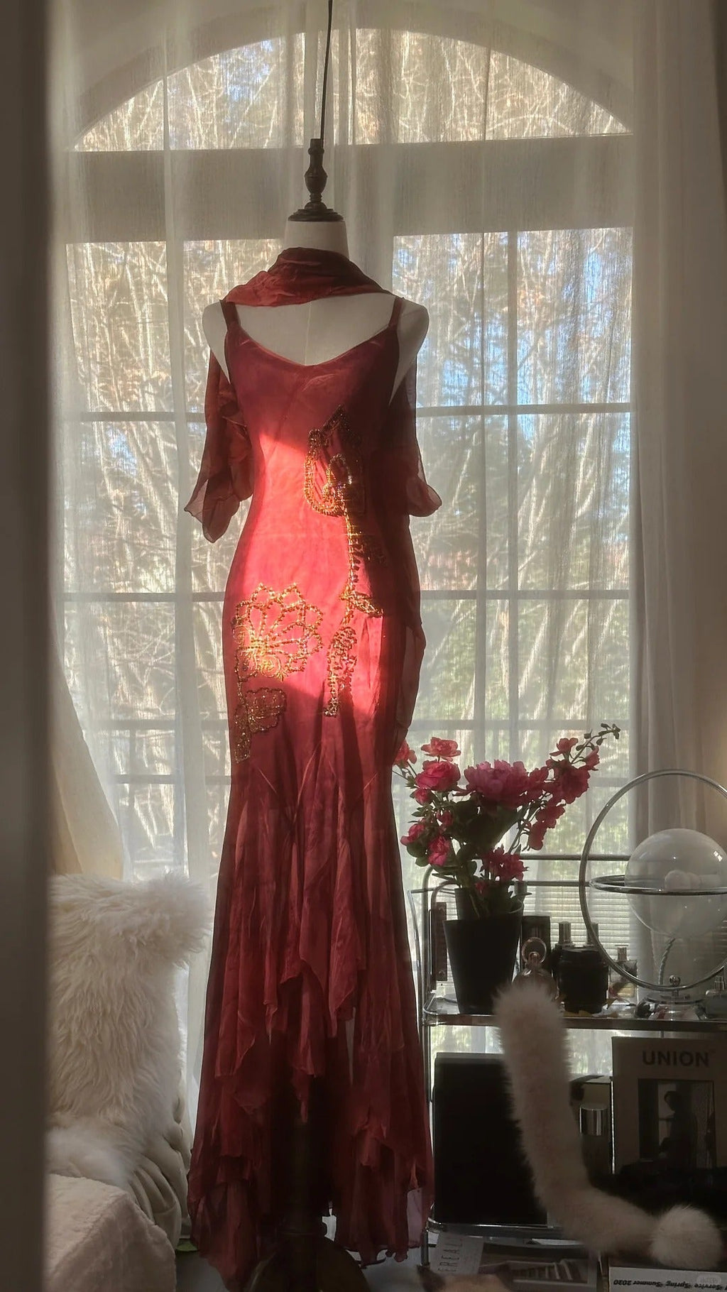 Red Romantic Fashion Elegant Exquisite Lotus Gold Beaded Long Chiffon Fishtail Skirt Mermaid Slim Ball Gown Evening Dress Birthday/Wedding Guest/Holiday Party Dress Prom Dress Valentine's Day Date Dress 4029