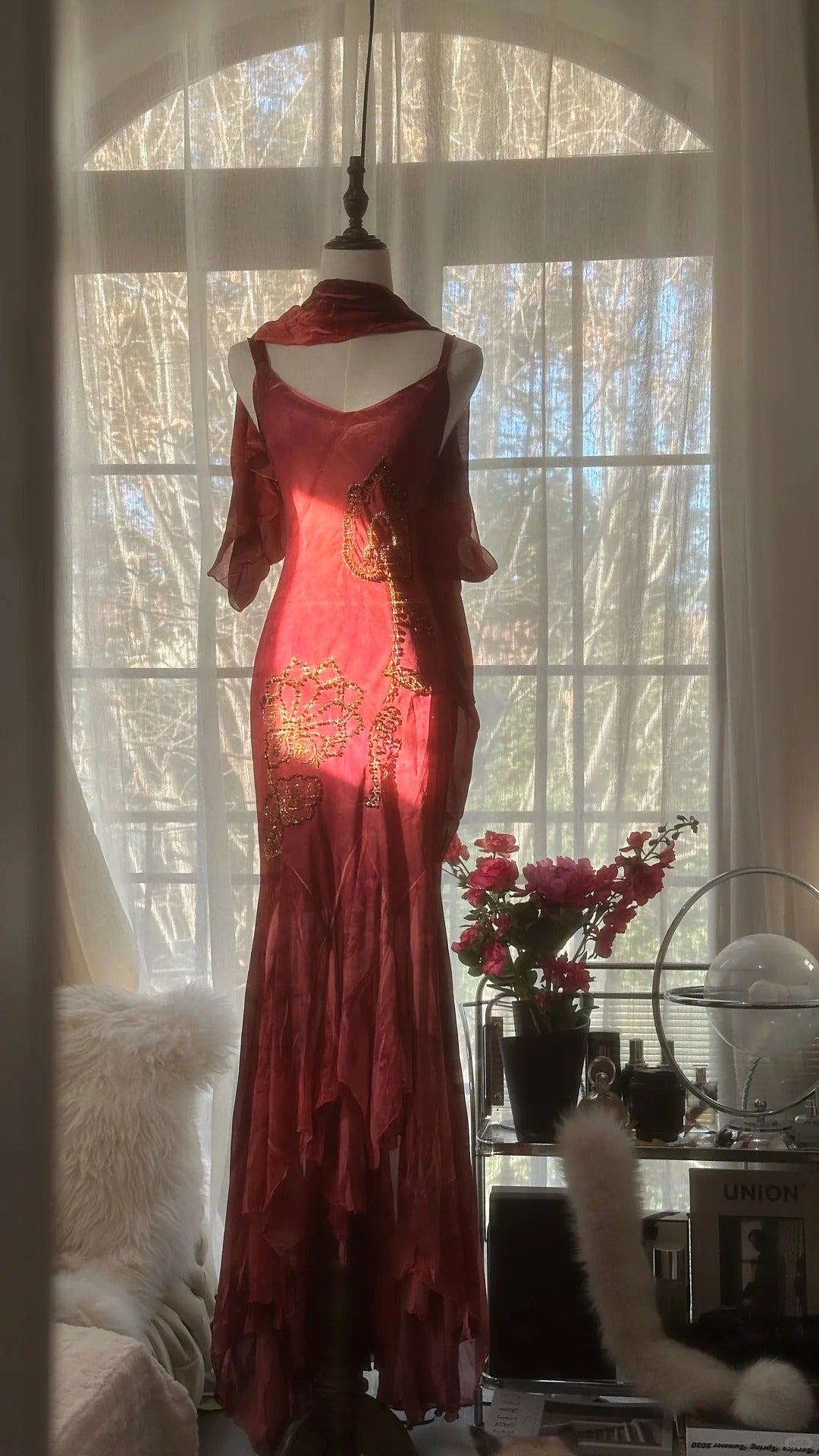 Red Romantic Fashion Elegant Exquisite Lotus Gold Beaded Long Chiffon Fishtail Skirt Mermaid Slim Ball Gown Evening Dress Birthday/Wedding Guest/Holiday Party Dress Prom Dress Valentine's Day Date Dress 4029