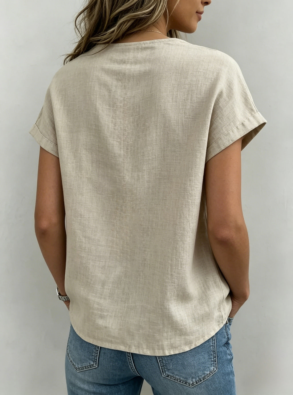 Linen Tie‑Neck Short‑Sleeve Blouse