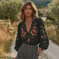 Women's Floral Pattern Linen V-neck T-shirt